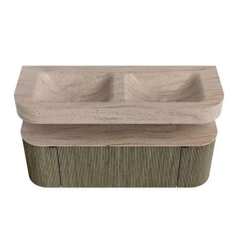 MONDIAZ THOR-DLUX 130cm meuble de salle de bains arrondi gauche + droite couleur Shadow avec 1 tiroir et 2 portes. Vasque suspendue CLOUD Double sans trou de robinet couleur Saba. SW1464149