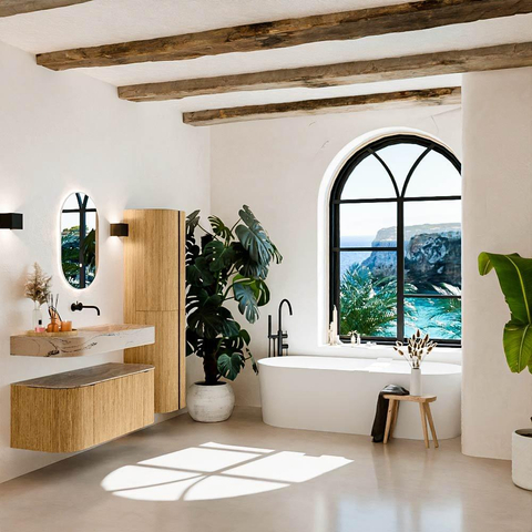 MONDIAZ THOR-DLUX 110cm badmeubel ronding links + rechts kleur Oak met 1 lade en 2 deuren. Vrijhangende wastafel CLOUD Rechts zonder kraangat kleur Arena. SW1462894