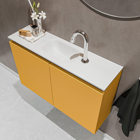 MONDIAZ TURE Toiletmeubel 80x23x50cm met 1 kraangaten 2 deuren ocher mat Wastafel Eden midden Solid Surface Wit SW475049