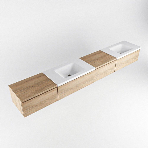 MONDIAZ BUKLA 280cm ensemble de meuble avec module 60 à droite couleur Chêne blanchi avec 4 tiroirs. Lavabo CLOUD double 2 trous de robinet couleur Talc. SW1382316