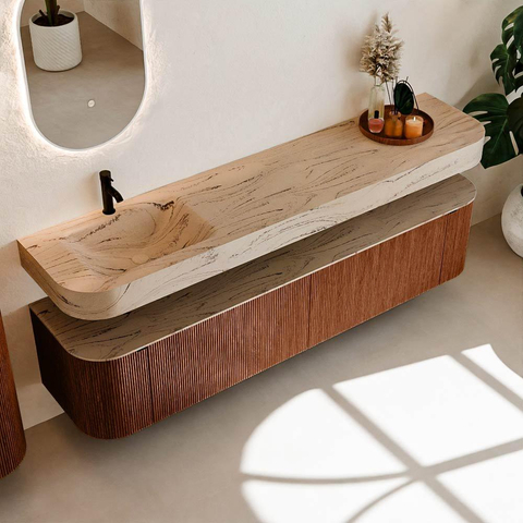 MONDIAZ THOR-DLUX 200cm meuble de salle de bains arrondi gauche + droite couleur Ruby avec 2 tiroirs et 2 portes. Vasque suspendue CLOUD Gauche 1 trou de robinet couleur Arena. SW1467087