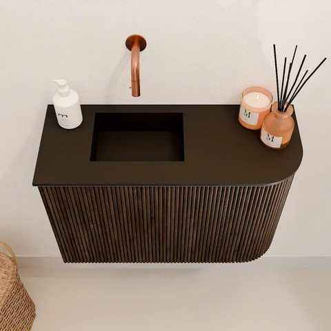 Mondiaz JOYA 61.6cm meuble de salle de bains - arrondi droit couleur Walnut - Vasque FAYE position Gauche Sans trou de robinet couleur Urban. SW1421348
