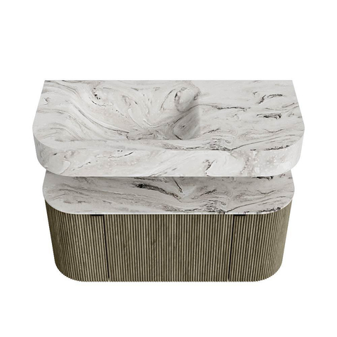MONDIAZ THOR-DLUX 100cm meuble de salle de bains arrondi gauche + droite couleur Shadow avec 1 tiroir et 2 portes. Vasque suspendue CLOUD gauche sans trou de robinet couleur Glace. SW1467442