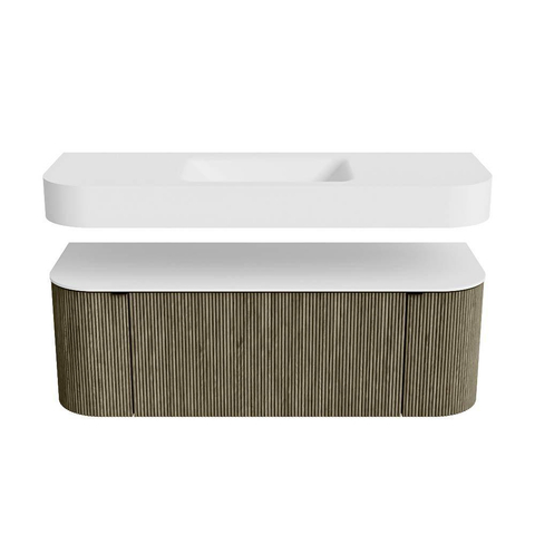 MONDIAZ THOR 130cm meuble de salle de bains arrondi gauche + droite couleur Shadow avec 1 tiroir et 2 portes. Vasque suspendue CLOUD Milieu sans trou de robinet couleur Talc. SW1463705