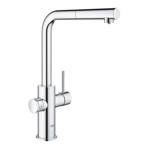 GROHE Blue Home Robinet de cuisine - bec en L extractible - monotrou - fonction de filtration - eau plate légère et pétillante - chrome SW236967