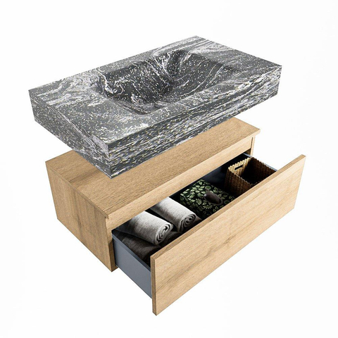 Mondiaz ALAN-DLUX Ensemble de meuble - 80cm - meuble Washed Oak mat - 1 tiroir - Lavabo Cloud Lava suspendu - vasque Centre - 1 trou de robinet SW808858