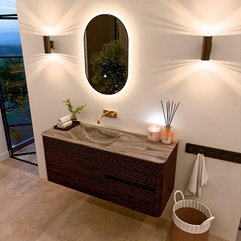 Mondiaz CIRO-DLUX Meuble de salle de bains - 120x45x50cm - vasque en solid surface Sombra - 1 bassin à gauche - sans trous de robinet - 2 tiroirs - Noyer SW1530738
