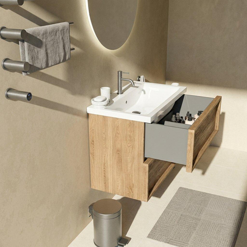 Saniclass Holz Frame Badkamermeubelset - 80x45x63.5cm - Bari keramische wastafel wit - 1 wasbak - 1 kraangat - 2 lades - mat eiken natural (hout) SW1579737