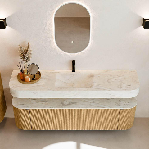 MONDIAZ THOR-DLUX 170cm badmeubel ronding links + rechts kleur Oak met 1 lade en 2 deuren. Vrijhangende wastafel CLOUD Midden 1 kraangat kleur Ostra. SW1465551