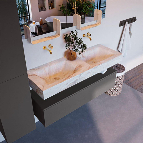 Mondiaz ALAN-DLUX Ensemble de meuble - 130cm - meuble Dark grey mat - 1 tiroir - Lavabo Cloud Frappe suspendu - vasque Gauche et droite - 0 trous de robinet SW805399