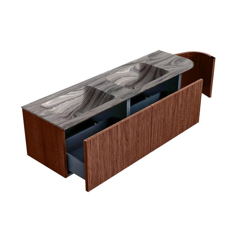 MONDIAZ KURVE-DLUX Meuble de salle de bains 155cm arrondi à droite couleur Ruby avec 2 tiroirs et 1 porte. Plan vasque LEAF Double / Gauche 2 trous de robinet Sombra. SW1433991