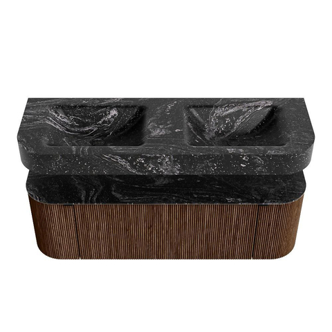 MONDIAZ THOR-DLUX Meuble de salle de bains 140cm arrondi gauche + droite couleur Walnut avec 1 tiroir et 2 portes. Vasque suspendue CLOUD Double 2 trous de robinet couleur Lava. SW1463964