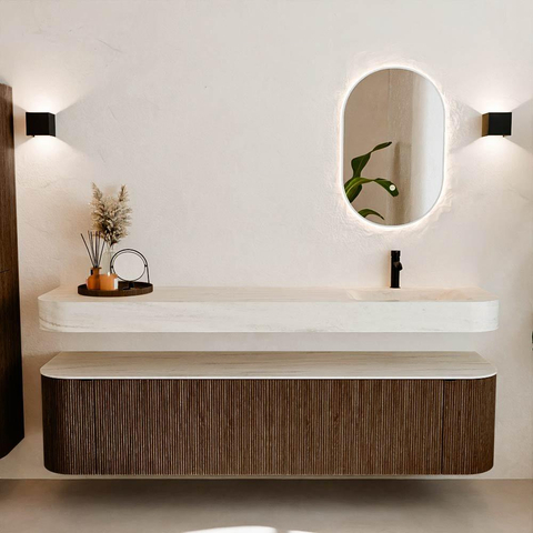 MONDIAZ THOR-DLUX 190cm meuble de salle de bains arrondi gauche + droite couleur Walnut avec 2 tiroirs et 2 portes. Vasque suspendue CLOUD Droite 1 trou de robinet couleur Meli. SW1466735