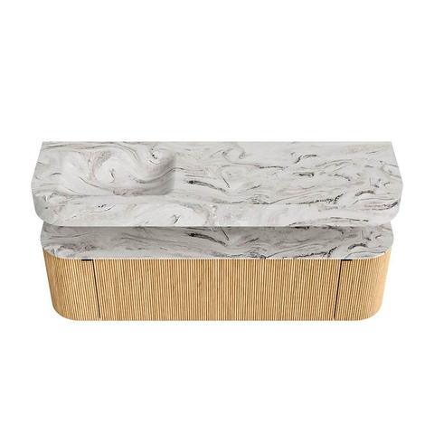 MONDIAZ THOR-DLUX 160cm badmeubel ronding links + rechts kleur Oak met 1 lade en 2 deuren. Vrijhangende wastafel CLOUD Links 1 kraangat kleur Glace. SW1464954