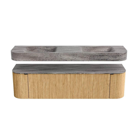 MONDIAZ THOR-DLUX 170cm badmeubel ronding links + rechts kleur Oak met 1 lade en 2 deuren. Vrijhangende wastafel CLOUD Dubbel zonder kraangat kleur Oza. SW1465667