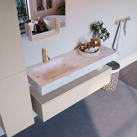 Mondiaz ALAN-DLUX Ensemble de meuble - 130cm - meuble Linen mat - 1 tiroir - Lavabo Cloud Opalo suspendu - vasque Gauche - 1 trou de robinet SW806453