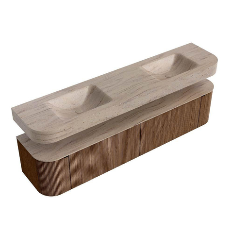 MONDIAZ THOR-DLUX 200cm meuble de salle de bains arrondi à gauche + à droite couleur Noyer avec 2 tiroirs et 2 portes. Lavabo suspendu CLOUD Double 2 trous de robinet couleur Saba. SW1467232