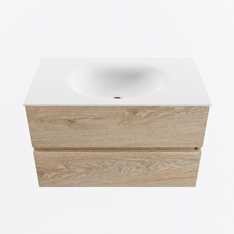 MONDIAZ VICA 80cm meuble de salle de bains sous-meuble Washed Oak 2 tiroirs. Lavabo MOON central sans trou de robinet, couleur Talc. SW1381803