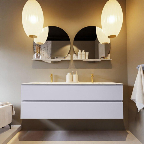 MONDIAZ VICA-DLUX Ensemble meuble de salle de bains - 150cm - sous-meuble Cale - 2 tiroirs - vasque encastrée Cloud double - 2 trous de robinet - version hauteur 60cm - Glace SW1088348