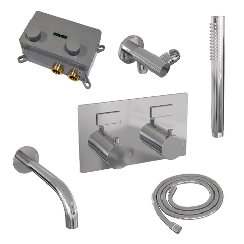 BRAUER Chrome Edition mitigeur de bain encastré thermostatique - boutons-poussoirs SET 03 - bec - douchette barre - flexible de douche - coude mural - chrome SW925532