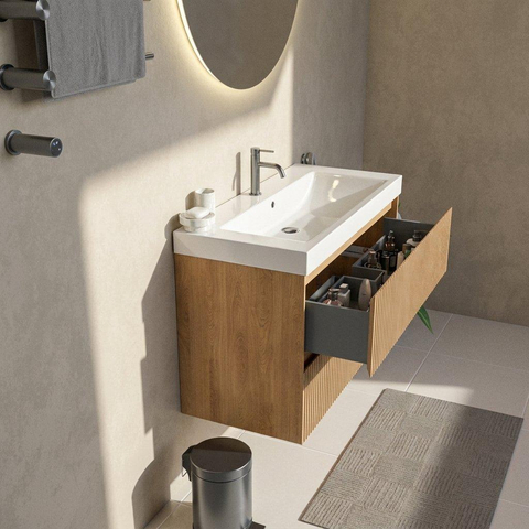 Saniclass Holz Atelier Ensemble meuble de salle de bains - 100x45x67.5cm - lavabo Wave en céramique - 1 vasque - 1 trou de robinetterie - 2 tiroirs - chêne naturel mat (bois) SW1479044