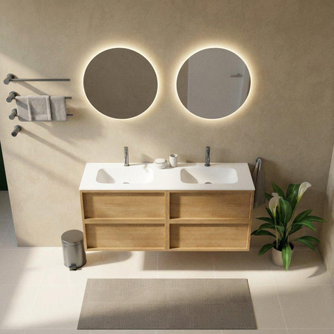Saniclass Holz Frame Badkamermeubelset - 140x45x61.5cm - Flow solid surface wastafel - 2 wasbakken - 2 kraangaten - met overloop - 4 lades - mat eiken natural (hout) SW1579789