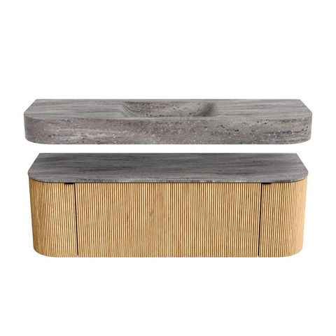 MONDIAZ THOR-DLUX Meuble de salle de bains 140cm arrondi gauche + droite couleur Oak avec 1 tiroir et 2 portes. Vasque suspendue CLOUD Centre sans trou de robinet couleur Oza. SW1464237
