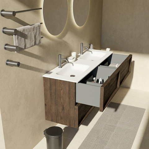 Saniclass Holz Frame Badkamermeubelset - 140x45x61.5cm - Flow solid surface wastafel wit - 2 wasbakken - 2 kraangaten - 4 lades - mat eiken charcoal (hout) SW1579790