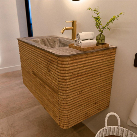 Mondiaz CIRO-DLUX Badkamermeubelset - 90x45x50cm - Solid surface wastafel Sombra - 1 wasbak Midden - 1 kraangat - 2 lades - Oak SW1531223
