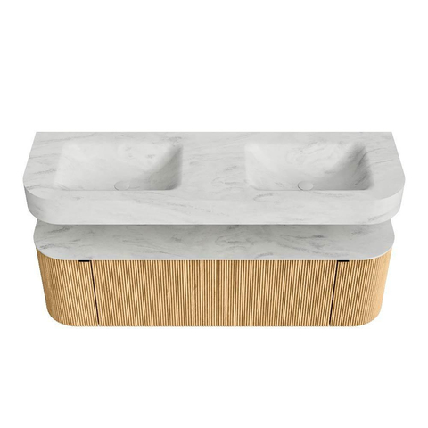 MONDIAZ THOR-DLUX 150cm badmeubel ronding links + rechts kleur Oak met 1 lade en 2 deuren. Vrijhangende wastafel CLOUD Dubbel zonder kraangat kleur Opalo. SW1464610