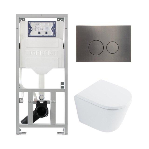 QeramiQ Dely Toiletset - 36.3x51.7cm - diepspoel - rimless - Geberit UP320 inbouwreservoir - met Burda frame - softclose toilet zitting - 35mm - gunmetal bedieningsplaat - ronde knoppen - glans wit SW1222077