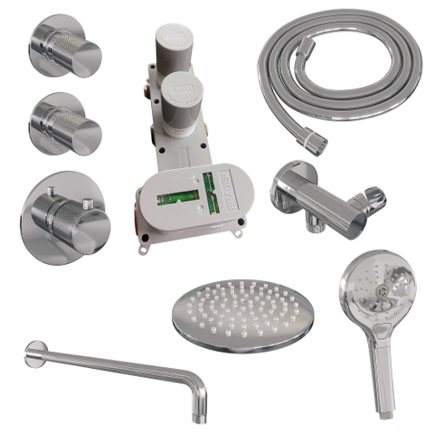 Brauer Chrome Carving Colonne de douche thermostatique avec pommeau 20cm et bras Bras mural courbé 40cm et douchette Rond 3 jet flexible lisse avec coude mural Chrome SW715530