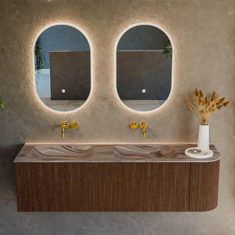 MONDIAZ KURVE-DLUX Meuble de salle de bains 155cm arrondi à droite couleur Walnut avec 2 tiroirs et 1 porte. Vasque LEAF Double / Gauche sans trou de robinet Sombra. SW1433698