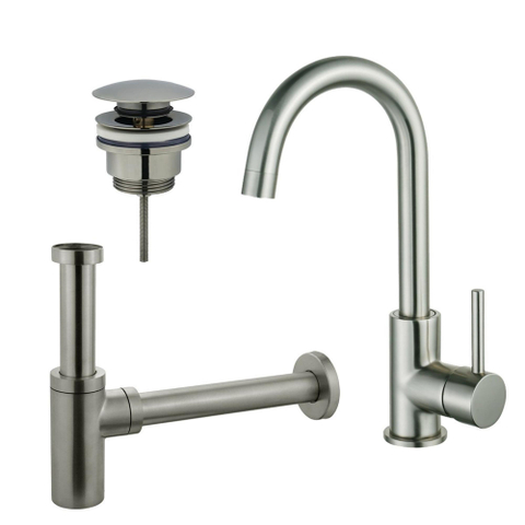 Fortifura Calvi Wastafelkraanset - hoge wastafelkraan - draaibare - uitloop - klikwaste plug - design - sifon - PVD - geborsteld RVS SW915275