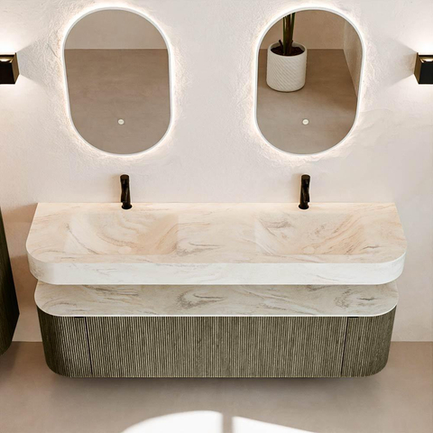 MONDIAZ THOR-DLUX 170cm meuble de salle de bains arrondi gauche + droite couleur Shadow avec 1 tiroir et 2 portes. Vasque suspendue CLOUD Double 2 trous de robinet couleur Ostra. SW1465544