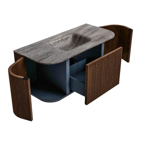 MONDIAZ KURVE-DLUX 100cm badmeubel ronding Links + Rechts kleur Walnut met 1 lade en 2 deuren. Wastafel GRUNNE Midden 1 kraangat Oza. SW1432704