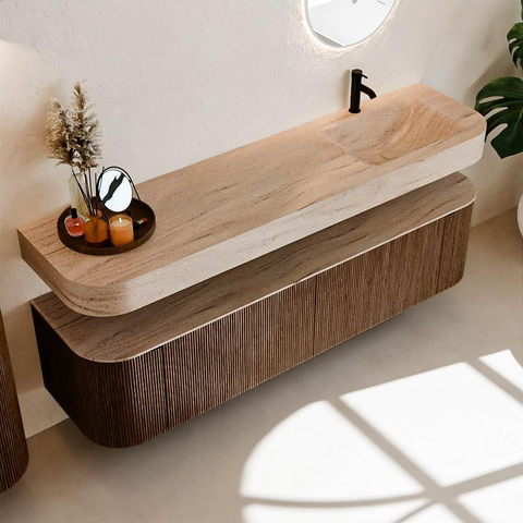 MONDIAZ THOR-DLUX 180cm meuble de salle de bains arrondi gauche + droite couleur Walnut avec 2 tiroirs et 2 portes. Vasque suspendue CLOUD Droite 1 trou de robinet couleur Saba. SW1466324