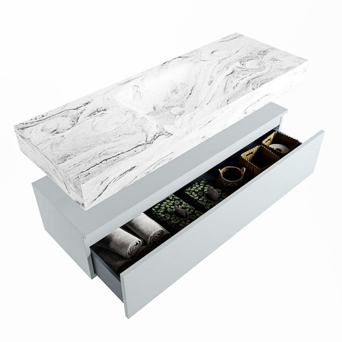 Mondiaz ALAN-DLUX Ensemble de meuble - 130cm - meuble Clay mat - 1 tiroir - Lavabo Cloud Glace suspendu - vasque Centre - 1 trou de robinet SW806315