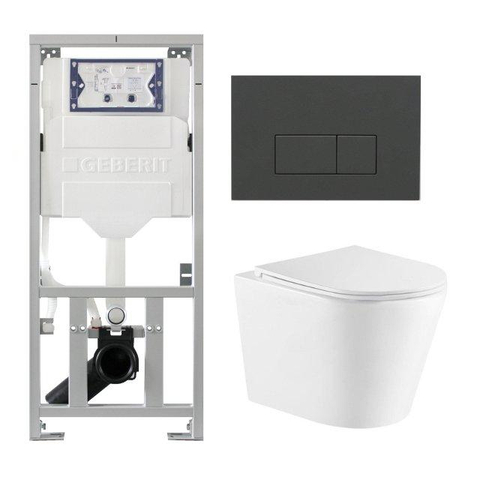 QeramiQ Dely Toiletset - 36.3x51.7cm - diepspoel - rimless - Geberit UP320 inbouwreservoir - met Burda frame - softclose toiletzitting - bedieningsplaat antraciet mat - rechtehoekige knoppen - glans wit SW1164251