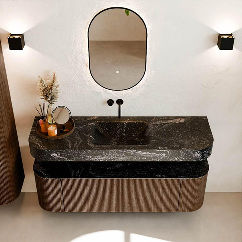 MONDIAZ THOR-DLUX 150cm badmeubel ronding links + rechts kleur Walnut met 1 lade en 2 deuren. Vrijhangende wastafel CLOUD Midden zonder kraangat kleur Lava. SW1464669