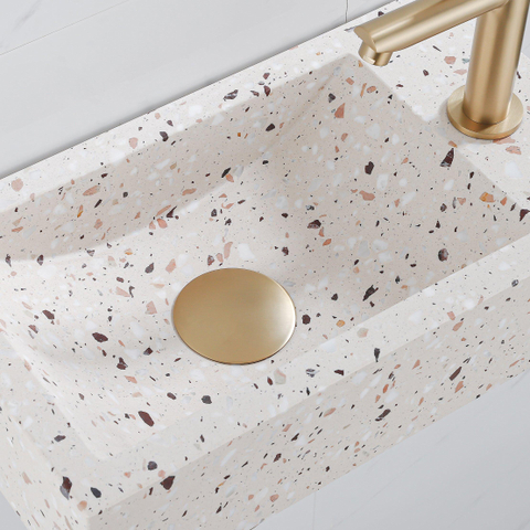 FugaFlow Eccelente Pietra Ensemble de fontaine - 40x22x10cm - trou de robinet à droite - robinet de fontaine en laiton brossé PVD - bouchon de vidange - siphon abaissé - beige mat SW1468988