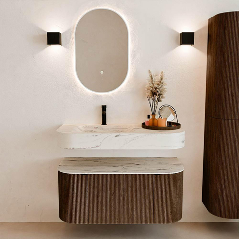 MONDIAZ THOR-DLUX 100cm meuble de salle de bains arrondi gauche + droite couleur Walnut avec 1 tiroir et 2 portes. Vasque suspendue CLOUD gauche 1 trou de robinet couleur Nata. SW1467506