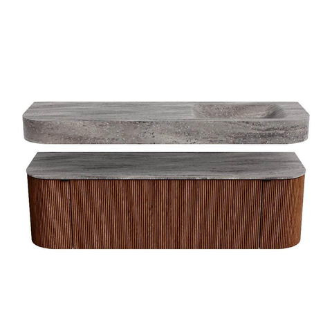 MONDIAZ THOR-DLUX 150cm badmeubel ronding links + rechts kleur Ruby met 1 lade en 2 deuren. Vrijhangende wastafel CLOUD Rechts zonder kraangat kleur Oza. SW1464650