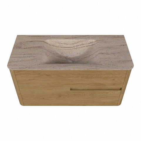 Mondiaz CIRO-DLUX Badkamermeubelset - 100x45x50cm - Solid surface wastafel Saba - 1 wasbak Midden - zonder kraangaten - 2 lades - Oak SW1531170