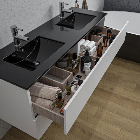 Saniclass Chaci Meuble de salle de bain - 140x46x55cm - lavabo en céramique noir - 2 vasques - 2 trous de robinet - 4 tiroirs - blanc mat SW1171457