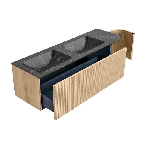 MONDIAZ KURVE-DLUX 145cm meuble de salle de bains avec module 25 R couleur Chêne avec 1 tiroir et 1 porte. Lavabo LEAF double / gauche sans trou de robinet couleur Lava. SW1137170