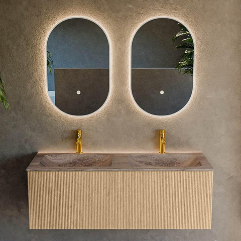 MONDIAZ KURVE-DLUX Meuble de salle de bains 120 cm couleur chêne avec 1 tiroir et 0 porte. Vasque LEAF Double 2 trous de robinet Oza. SW1432668