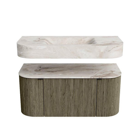 MONDIAZ THOR-DLUX 100cm meuble de salle de bains arrondi gauche + droite couleur Shadow avec 1 tiroir et 2 portes. Vasque suspendue CLOUD Milieu sans trou de robinet couleur Frappe. SW1467441