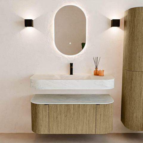 MONDIAZ THOR-DLUX Meuble de salle de bains - 110cm - arrondi gauche + droite - couleur Dusk - 1 tiroir - 2 portes - Vasque suspendue CLOUD Milieu 1 trou de robinet - couleur Opalo SW1462821