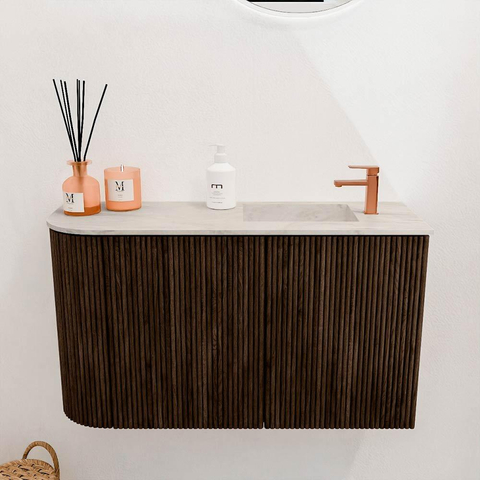 Mondiaz JOYA-DLUX 71.6cm toiletmeubel - ronding links kleur Walnut - Wastafel FAYE positie Rechts 1 kraangat kleur Ostra. SW1422630